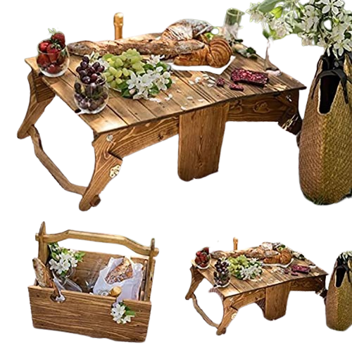 Folding Picnic Table 2in1 Multifunctional Wood Desk Storage Basket Portable Outdoor Snack and Wine Basket for Beach Camping
