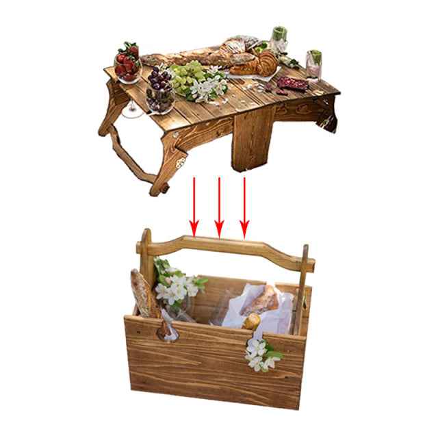 Folding Picnic Table 2in1 Multifunctional Wood Desk Storage Basket Portable Outdoor Snack and Wine Basket for Beach Camping